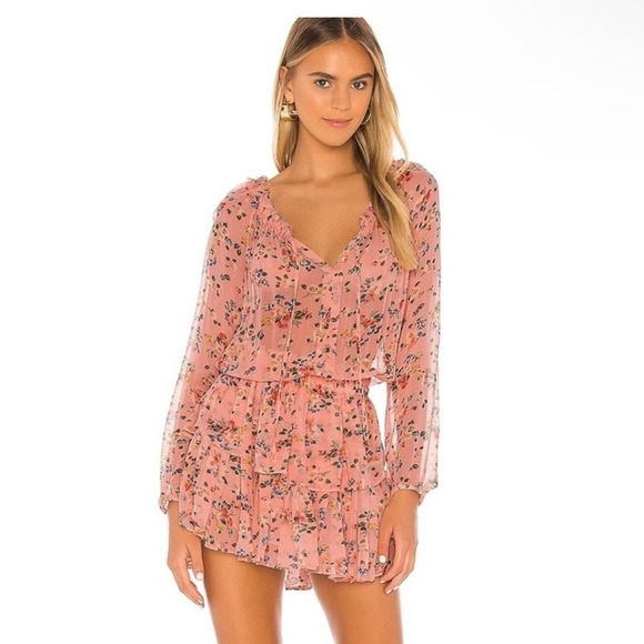 LOVESHACKFANCY Coquette Floral Popover Silk Dress in Sunset Pink Size Medium - Picture 1 of 8